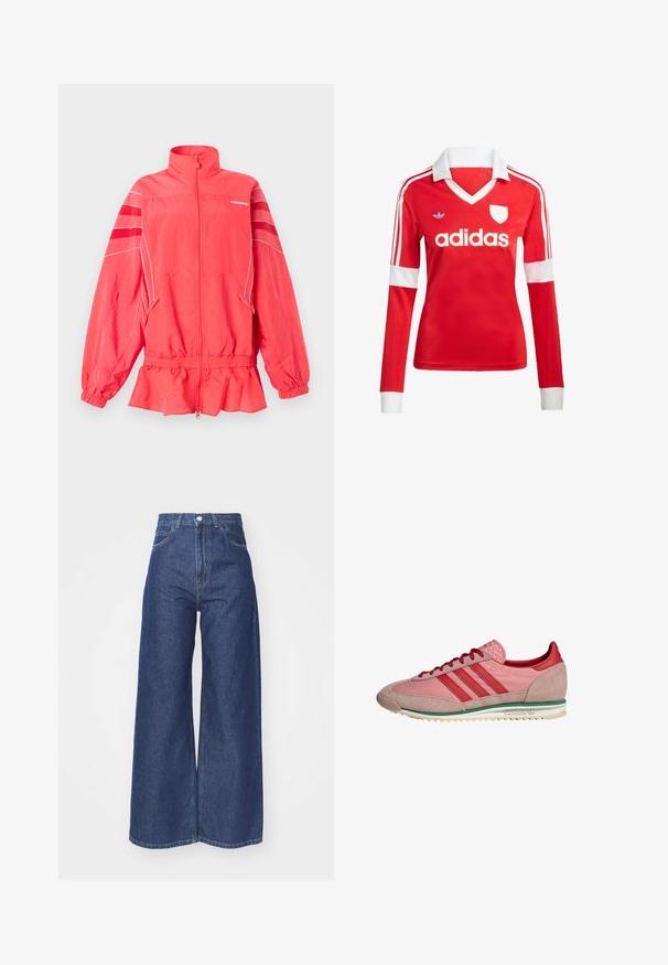 Koralfarvet Adidas lynlåstrøje med høj krave, elastisk talje og ærmekanter, hvide striber og diagonale striber på ærmerne.; Rød langærmet fodboldtrøje med hvid krave og manchetter. Har tre hvide striber på skuldrene og "adidas" logoet fremtrædende vist.; Bredde ben jeans lavet af mørkeblå denim. Høj talje med lynlås og knaplukning. Har klassisk fem-lomme stil og omfoldede kanter.; Pink og rød Adidas-sneaker med ruskindstå og hæl, røde snørebånd, grøn stribe over hvid sål, set fra siden.