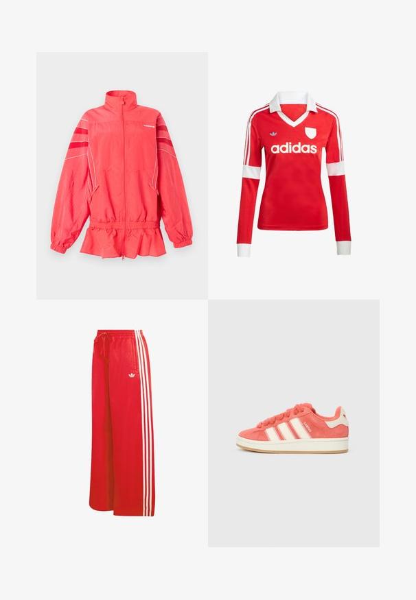 Korálovo ružová Adidas bunda na zips s vysokým golierom, elastickým pásom a manžetami, bielym lemovaním a diagonálnymi pruhmi na rukávoch.; Červený futbalový dres s dlhým rukávom a bielym golierom a manžetami. Na ramenách sú tri biele pruhy a výrazne zobrazené logo "adidas".; Červené športové nohavice z ľahkého materiálu s širokým strihom na nohách, elastickým pásom, sťahovacou šnúrkou a tromi bielymi pruhmi na každej strane.; Ružové semišové tenisky s krémovými prúžkami, okrúhlymi šnúrkami a textúrovaným jazykom. Obsahujú gumenú podrážku a logo na päte.