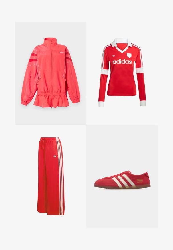 Ζακέτα Adidas σε κοραλλί ροζ με φερμουάρ, ψηλό γιακά, ελαστική μέση και μανσέτες, λευκή επένδυση και διαγώνιες ρίγες στα μανίκια.; Κόκκινη ποδοσφαιρική φανέλα με μακριά μανίκια, λευκό γιακά και μανσέτες. Διαθέτει τρεις λευκές ρίγες στους ώμους και το λογότυπο "adidas" εμφανώς τοποθετημένο.; Κόκκινο αθλητικό παντελόνι από ελαφρύ υλικό, με φαρδιά γραμμή, ελαστική μέση, κορδόνι και τρεις λευκές ρίγες σε κάθε πλευρά.; Κόκκινα σουέτ αθλητικά παπούτσια με λευκό σχέδιο τριών γραμμών, επίπεδη σόλα και χρυσό λογότυπο. Χαμηλή κοπή με στρογγυλή μύτη και κλείσιμο με κορδόνια.