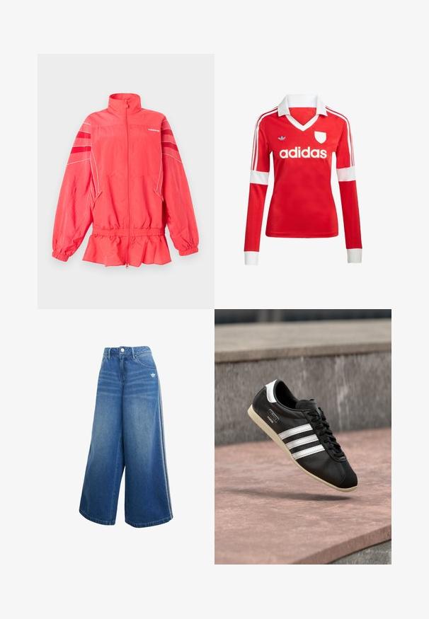 Korálovo ružová Adidas bunda na zips s vysokým golierom, elastickým pásom a manžetami, bielym lemovaním a diagonálnymi pruhmi na rukávoch.; Červený futbalový dres s dlhým rukávom a bielym golierom a manžetami. Na ramenách sú tri biele pruhy a výrazne zobrazené logo "adidas".; Džíny s širokými nohavicami v stredne modrej farbe, s vysokým pásom, jemnými švovými detailmi a malým bielym logom na prednej strane.; Čierna kožená teniska s bielymi pruhmi a podrážkou, zaviazaná šnúrkami, vznášajúca sa nad ružovkastým betónovým povrchom s sivou kamennou stenou v pozadí.
