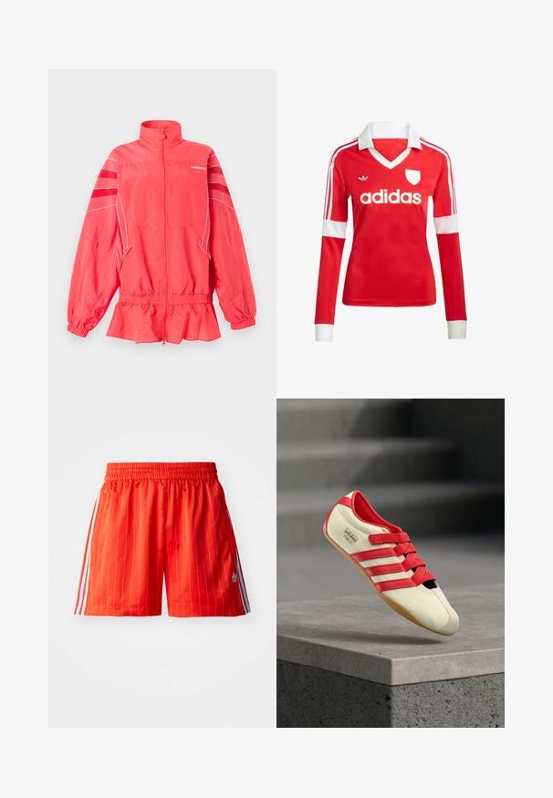 Korallenrosafarbene Adidas-Reißverschlussjacke mit hohem Kragen, elastischem Bund und Bündchen, weißen Paspeln und diagonalen Streifen an den Ärmeln.; Rotes Fußballtrikot mit langen Ärmeln, weißem Kragen und weißen Ärmelbündchen. Es hat drei weiße Streifen auf den Schultern und das "adidas"-Logo ist auffällig platziert.; Rote Sportshorts mit vertikalen weißen Streifen, elastischem Bund und hellblauen Akzenten an den Seiten. Verfügt über Seitentaschen.; Roter und cremefarbener Sportschuh mit drei roten Streifen, weichem Obermaterial, Gummisohle und Klettverschlüssen. Verfügt über ein schlankes, flaches Design.