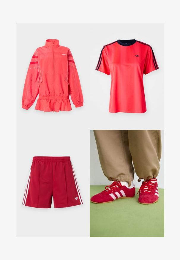 Chaqueta Adidas rosa coral con cremallera, cuello alto, cintura y puños elásticos, ribetes blancos y rayas diagonales en las mangas.; Camiseta deportiva roja de manga corta, con rayas verticales, cuello redondo color marino y un pequeño logo negro en la parte frontal.; Pantalones cortos deportivos rojos con cinturilla elástica, franjas blancas en los lados, bolsillos con cremallera y un pequeño logo blanco de Adidas en la parte frontal de la pierna izquierda.; Zapatillas deportivas de ante rojo con rayas blancas, suela de goma plana y cordones rojos. Llevadas con pantalones beige, situadas sobre una superficie verde.