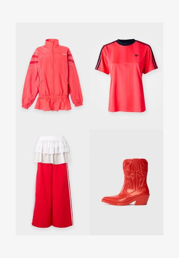 Korallenrosafarbene Adidas-Reißverschlussjacke mit hohem Kragen, elastischem Bund und Bündchen, weißen Paspeln und diagonalen Streifen an den Ärmeln.; Rotes sportliches T-Shirt mit kurzen Ärmeln, das von vertikalen Streifen, einem marineblauen Rundhalsausschnitt und einem kleinen schwarzen Logo auf der Vorderseite geprägt ist.; Rote Hosen mit weitem Bein und weißen Seitenstreifen, versehen mit einem gestuften weißen Rüschensaum. Elastischer Bund für Komfort. Weiche Stoffstruktur.; Rote Cowboy-Stiefel mit hohem, ausgeflogenem Absatz. Hergestellt aus glänzendem Material, das mit geprägten Western-Mustern am Schaft verziert ist. Spitz zulaufende Fußform.
