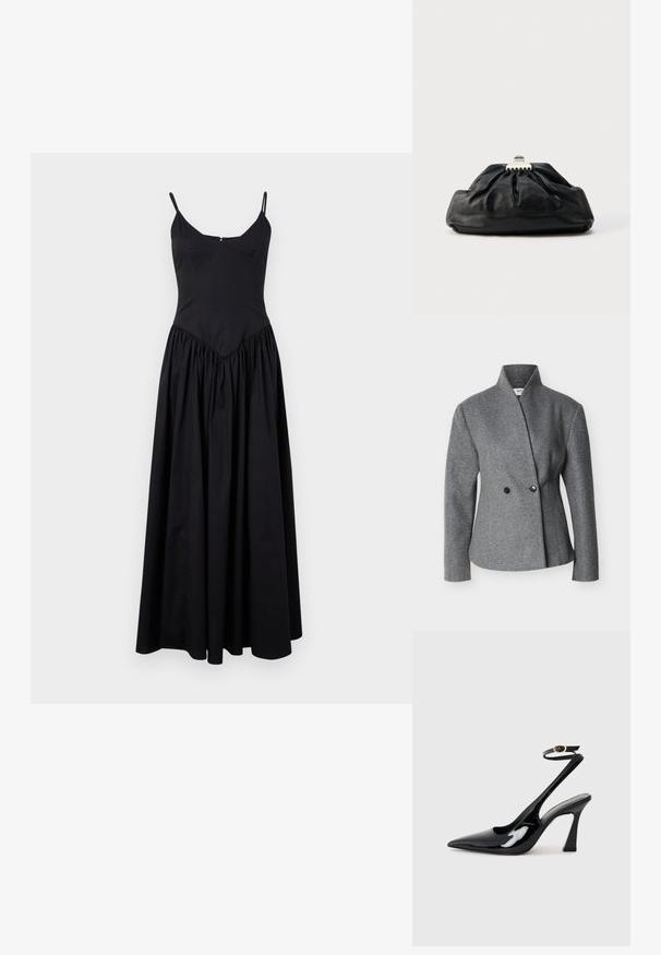 Blazer gris asymétrique en laine avec col montant, manches longues et deux boutons noirs à l'avant.; Robe maxi noire avec des bretelles fines, un corsage ajusté et une jupe froncée. Fabriquée en tissu léger avec une texture lisse et un léger éclat.; Escarpins noirs en cuir verni avec un bout pointu, sangle ajustable à la cheville et un talon bloc modéré. Texture lisse avec finition brillante.; Pochette en cuir noir avec une texture plissée, fermeture à fermoir métallique, et logo embossé discret sur le devant. Forme arrondie.