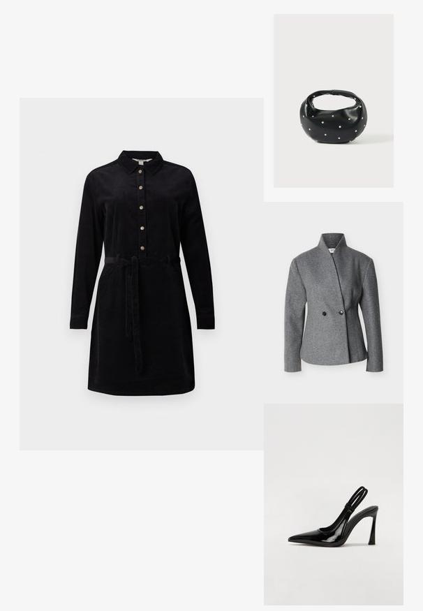 Grauer asymmetrischer Wollblazer mit hohem Kragen, langen Ärmeln und zwei schwarzen Knöpfen vorne.; Schwarzes Cordkleid mit durchgehender Knopfleiste, langen Ärmeln und einem Bindegürtel in der Taille. Verfügt über einen klassischen Kragen und seitliche Taschen.; Schwarze Lackleder Slingback-Pumps mit spitzem Zehenbereich, schlankem hohen Absatz und doppeltem elastischen Riemen für einen sicheren Sitz. Glatte, glänzende Oberfläche.; Schwarze Lederhandtasche mit abgerundeter Form, verziert mit silbernen Nietenakzenten und kurzem Griff. Glatte Struktur und Reißverschlussverschluss.