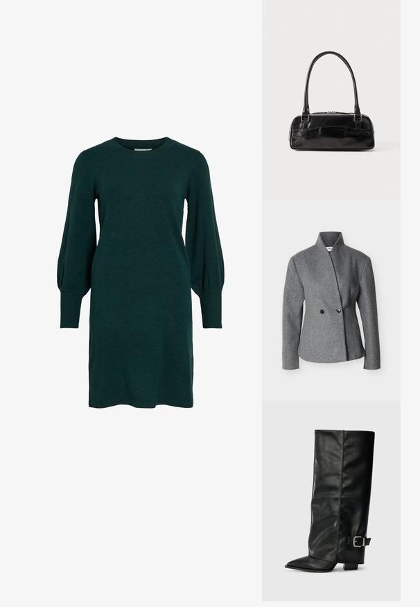 Grijze asymmetrische wollen blazer met hoge kraag, lange mouwen en twee zwarte knopen aan de voorkant.; Groene gebreide jurk met een ronde halslijn, lange pofmouwen en geribbelde manchetten. De stof lijkt zacht met een gladde textuur.; Zwarte leren enkellange laarzen met een spitse neus, een gladde textuur en een zilveren gesps Accent aan de zijkant. Stevige vierkante hak.; Zwarte leren handtas met een rechthoekige vorm, voorzien van een enkele gestructureerde handgreep, zilveren hardware en ritsluiting. Gladde textuur.