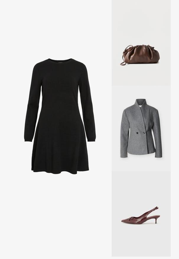 Grauer asymmetrischer Wollblazer mit hohem Kragen, langen Ärmeln und zwei schwarzen Knöpfen vorne.; Schwarzes Langarmkleid aus Strickstoff mit rundem Ausschnitt und ausgestelltem Saum, das eine schlichte und taillierte Silhouette bietet.; Bordeauxfarbene Leder-Slingback-Pumps mit spitzem Zehenbereich, verstellbarem Riemen und dekorativem Schleifchen vorne. Absatzhöhe von 7,5 cm.; Weiche braune Lederbeuteltasche mit gerafftem oberen Teil und schmalem Riemen, auf weißem Hintergrund liegend.