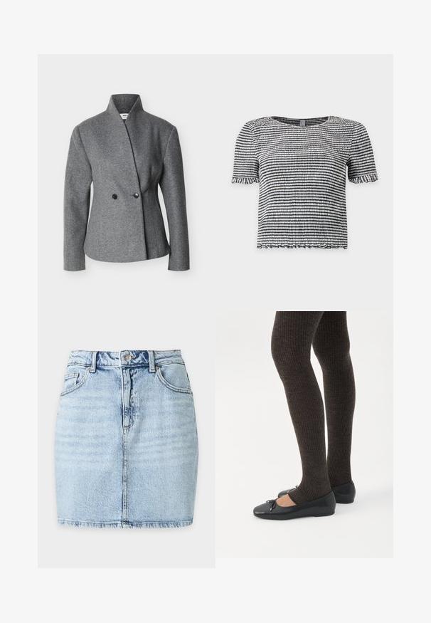 Blazer gris asymétrique en laine avec col montant, manches longues et deux boutons noirs à l'avant.; Haut à manches courtes rayé noir et blanc en tissu texturé smocké avec des bords volantés aux manches et à l’ourlet.; Mini-jupe en denim bleu clair avec bouton devant, passants de ceinture, deux poches avant et couture verticale visible au centre.; Jambes portant des leggings côtelés foncés associés à des ballerines noires avec de petits détails en nœud sur fond blanc.