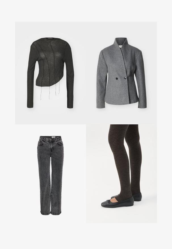 Blazer gris asymétrique en laine avec col montant, manches longues et deux boutons noirs à l'avant.; Haut à manches longues cropped gris foncé en tissu léger, avec des coutures bien visibles et des fils flottants sur le devant.; Jeans en denim noir au design droit, avec poches avant, passants de ceinture et une texture légèrement délavée.; Jambes portant des leggings côtelés foncés associés à des ballerines noires avec de petits détails en nœud sur fond blanc.