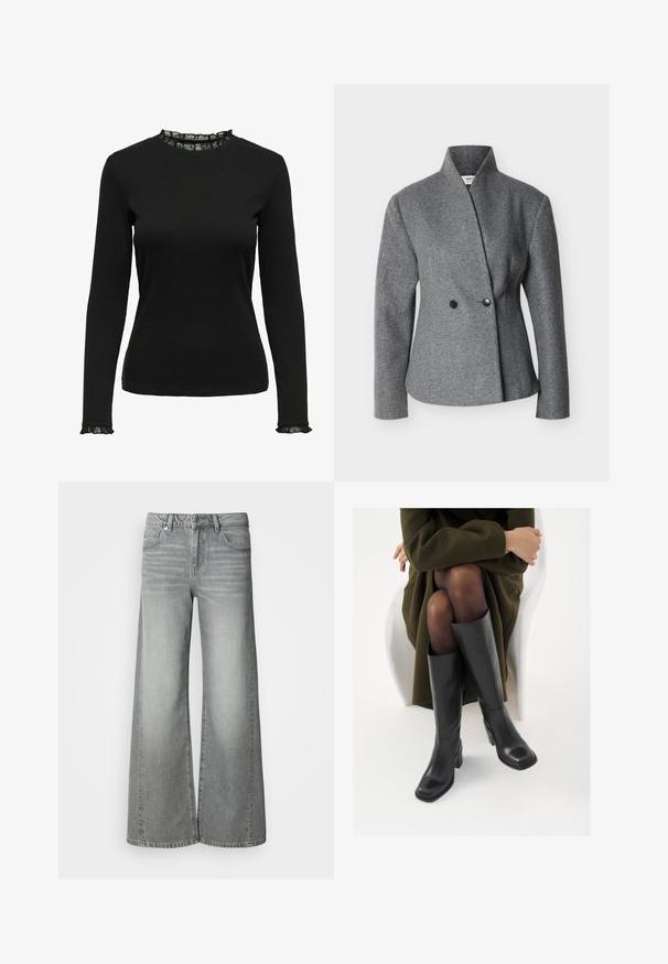 Blazer asimétrico de lana gris con cuello alto, mangas largas y dos botones negros en el frente.; Top negro de manga larga fabricado en tejido acanalado, con un detalle de encaje con volantes en el escote y los puños. Diseño de cuello redondo simple.; Vaqueros de pierna ancha de talle alto en gris, con botón y cremallera delanteros, bolsillos delanteros y traseros, exhibidos sobre un fondo blanco liso.; Botas de cuero negro hasta la rodilla con puntera cuadrada y tacón de bloque, presentadas con un modelo sentado en un abrigo verde oliva. Textura suave, mínimo detalle.
