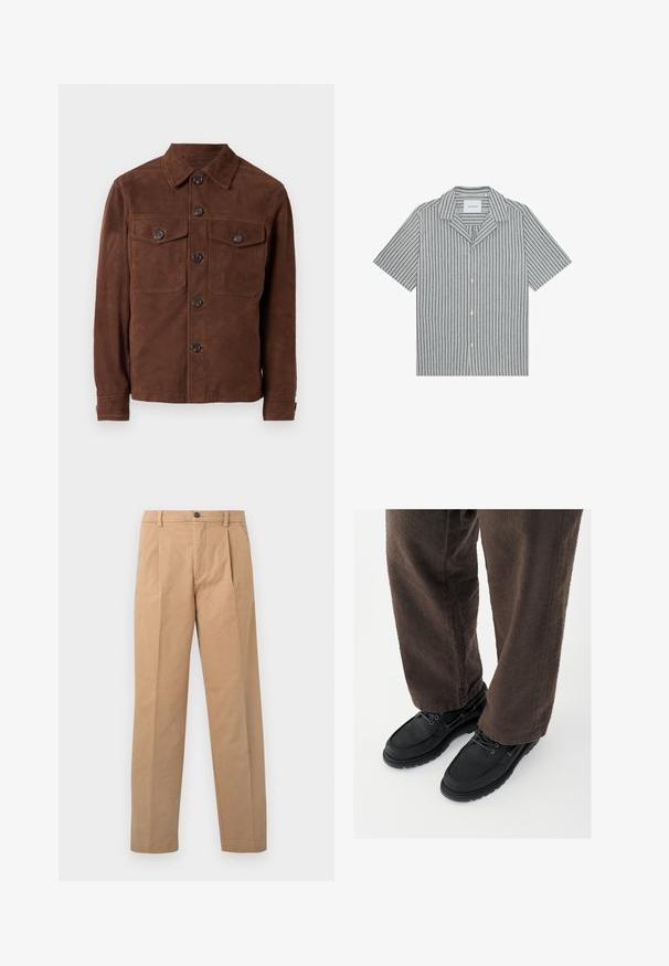 Veste en daim marron avec une fermeture à bouton, deux poches poitrine avec rabats et des manches longues avec des poignets à bouton. Texture lisse.; Chemise à manches courtes boutonnée avec des rayures verticales bleues et blanches et un col plié, étendue à plat sur un fond blanc.; Pantalons kaki avec une coupe droite, confectionnés en tissu coton ; dotés d'une fermeture à un bouton et de deux plis sur le devant.; Chaussures en cuir noir avec une finition lisse, bout arrondi et design à lacets, associées à un pantalon marron texturé. Vue en contre-plongée.