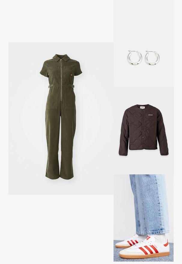 Mørkebrun quiltet jakke med rund halsudskæring, knaplukning foran og lille hvid Carhartt-logo på venstre bryst.; Olivengrøn kordfløjl jumpsuit med lynlås foran, korte ærmer, to brystlommer og justerbare sidebånd. Bukser med flared ben.; Hvide lædersneakers med røde striber og accenter. Har en tekstureret gummisål og polstret krave. Bæres med lyseblå denim.; Sølv hoop-øreringe med en poleret finish, der har en cirkulær form og en hængslet lukning. Glat tekstur med minimal detaljering.