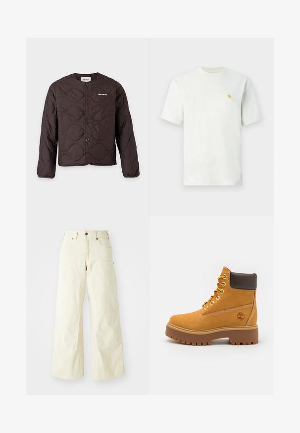 Donkerbruine doorgestikte jas met ronde hals, knoopsluiting aan de voorkant en klein wit Carhartt-logo op de linkerborst.; Wit T-shirt met korte mouwen en ronde hals, met een klein geel logo op de linkerborst, getoond tegen een effen achtergrond.; Beige wijde broekspijpen van katoen, met een hoge taille, grote zijzakken en een gladde textuur met minimale stikdetails.; Tan waterdichte enkelboot met een stevige rubberen zool, ronde neus, bruine leren kraag, gele veters en een logo aan de zijkant.