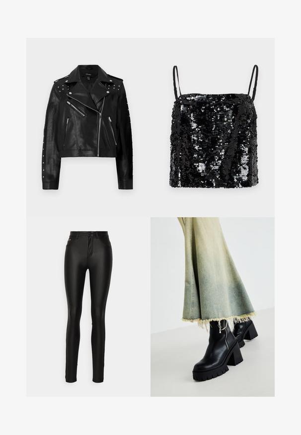 Schwarze Kunstleder-Motorradjacke mit silbernen Nieten, Reißverschlusstaschen und asymmetrischem Verschluss; cropped Länge und strukturierte Oberfläche.; Schwarzes Paillettentop mit dünnen verstellbaren Trägern, ausgestattet mit einem quadratischen Ausschnitt und einer strukturierten Oberfläche, die durch überlappende Pailletten entsteht.; ONLY Tall ONLROYAL PANT - Stoffhose - black; Schwarze Leder-Ankle-Boots mit einer groben strukturierten Sohle, kombiniert mit einem verwaschenen Jeansrock mit fransigen Kanten. Reißverschlussdetail an der Seite.