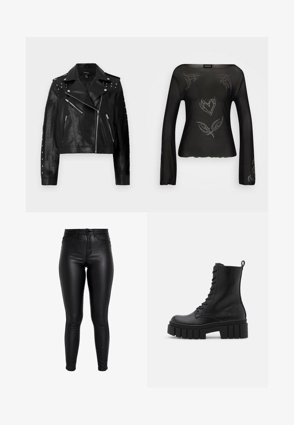 Schwarze Kunstleder-Motorradjacke mit silbernen Nieten, Reißverschlusstaschen und asymmetrischem Verschluss; cropped Länge und strukturierte Oberfläche.; Schwarzes, langärmliges, transparentes Oberteil mit dekorativen silbernen Details und gewelltem Saum. Glatte Textur mit lockerer Passform und weiter Ausschnitt.; Schwarze, taillierte Kunstlederhosen mit glatter Textur, hoher Taille und klassischem Fünf-Taschen-Design.; Schwarze Lederknöchelstiefel mit klobiger, gerippter Sohle, Schnürung vorne und Zuglasche auf glattem weißen Hintergrund.