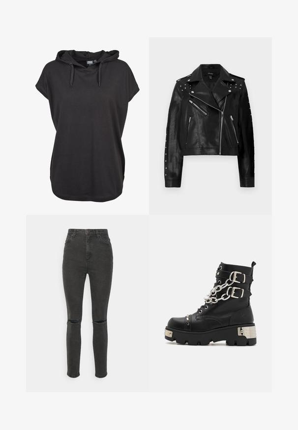 Chaqueta de moto de imitación de cuero negra con tachuelas plateadas, bolsillos con cremallera y un cierre frontal asimétrico; longitud corta y acabado texturizado.; Camiseta con capucha negra, de manga corta, hecha de un tejido suave. Presenta cordones ajustables y un corte relajado. Diseño simple, sin patrones.; Cotton On CURVY SKINNY - Vaqueros pitillo - graphite black rip; Koi Footwear SHACKLED SHADOWS HEAVY DUTY CHAIN - Botines camperos - black