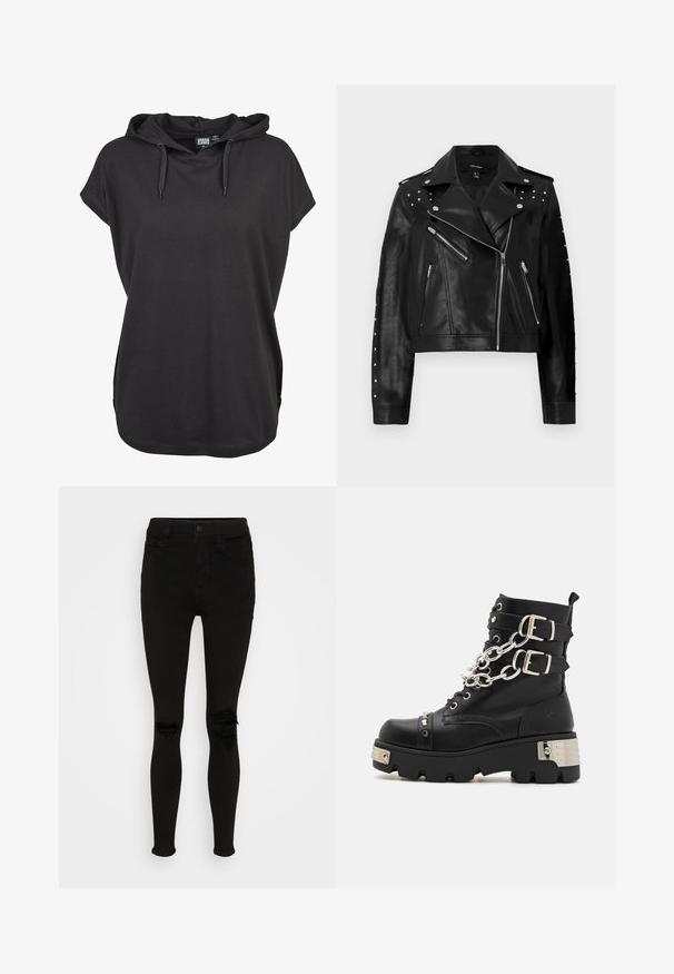 Chaqueta de moto de imitación de cuero negra con tachuelas plateadas, bolsillos con cremallera y un cierre frontal asimétrico; longitud corta y acabado texturizado.; Camiseta con capucha negra, de manga corta, hecha de un tejido suave. Presenta cordones ajustables y un corte relajado. Diseño simple, sin patrones.; American Eagle SUPER HIGH RISE - Jeggings - black wash; Koi Footwear SHACKLED SHADOWS HEAVY DUTY CHAIN - Botines camperos - black