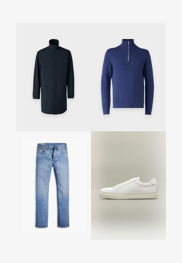Veste coupe-vent marine avec col haut, fermeture à double bouton, manches longues et poches latérales. Fabriquée en tissu léger et résistant à l'eau.; Pull à col montant bleu marine avec demi-fermeture éclair, présentant un motif de tricot texturé et des poignets et un ourlet côtelés.; Jeans en denim bleu clair avec une coupe droite, une fermeture à cinq boutons, des passants de ceinture et un délavage subtil. Dispose de deux poches avant et de rivets en cuivre.; Baskets blanches basses à lacets sur l’avant et semelle épaisse, vues de côté sur un fond neutre.