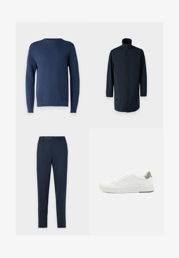 Marineblaue Windbreaker-Jacke mit hohem Kragen, Doppelknopfverschluss, langen Ärmeln und Seitentaschen. Hergestellt aus leichtem, wasserabweisendem Material.; Dunkelblauer gestrickter Pullover mit Rundhalsausschnitt, langen Ärmeln, gerippten Bündchen und Saum. Der Stoff weist ein strukturiertes Muster auf.; Marineblaue maßgeschneiderte Hose mit geradem Schnitt, ausgestattet mit einem Knopfverschluss und Gürtelschlaufen. Hergestellt aus glattem, leichtem Stoff.; Weißer Sneaker aus glattem Leder, runde Zehenpartie, minimalistisches Design, graue Fersenkante und strukturierte Gummisohle.