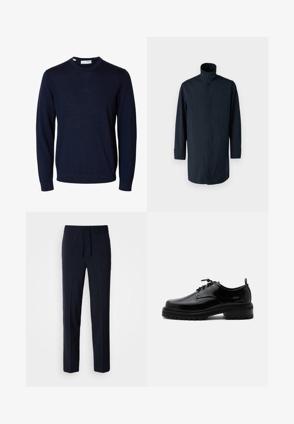 Marineblaue Windbreaker-Jacke mit hohem Kragen, Doppelknopfverschluss, langen Ärmeln und Seitentaschen. Hergestellt aus leichtem, wasserabweisendem Material.; Marineblauer Langarmpullover mit Rundhalsausschnitt, gerippten Bündchen und Saum, gefertigt aus feinem Strickstoff.; Marineblaue, leichte Hose mit einem elastischen Bund und verstellbarem Kordelzug, ausgestattet mit einem geraden Schnitt und glatter Textur.; Schwarzer polierter Lederschnürschuh mit dicker Gummisohle und niedrigem Absatz, seitlichem Marken-Schriftzug "SAMSOE" und hinterer Zuglasche.