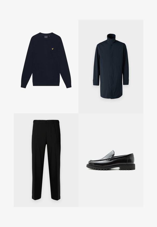 Marine vindjakke med høj krave, dobbelt knaplukning, lange ærmer og sidelommer. Fremstillet af letvægts, vandafvisende stof.; Mørkeblå langærmet crew neck sweater med et lille gult broderet ørnelogo på venstre bryst.; Sorte bukser lavet af glat stof, med lige snit, to forlommer og lynlås med knaplukning.; Sort læderloafer med chunky gummisål, syet overdel og præget mærkenavn på hælen, vist i sideprofil på hvid baggrund.