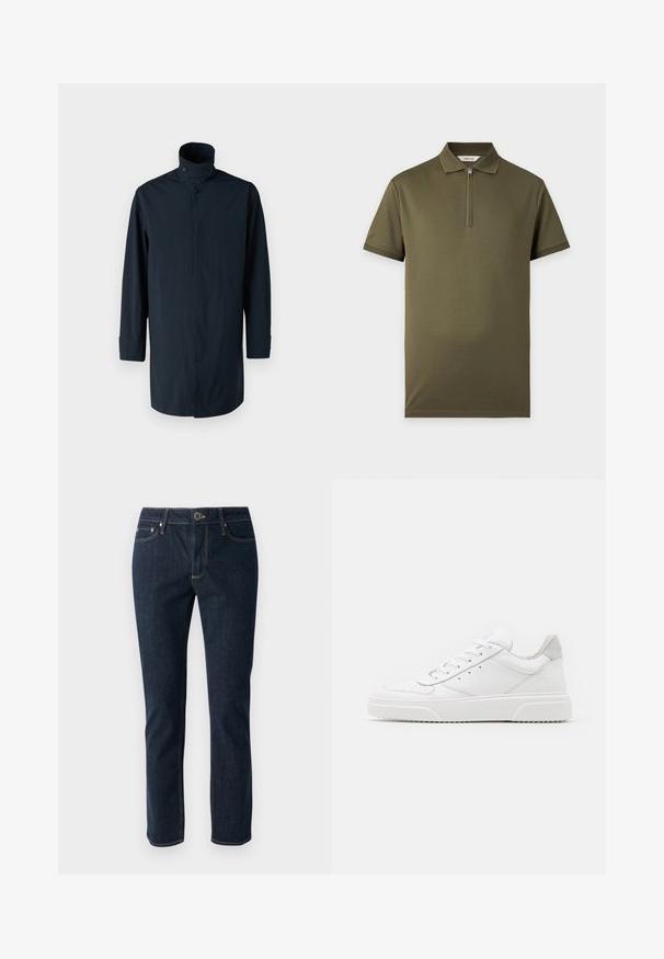 Marine vindjakke med høj krave, dobbelt knaplukning, lange ærmer og sidelommer. Fremstillet af letvægts, vandafvisende stof.; Olivengrøn kortærmet poloshirt med lynlås i kraven, ribbede ærmekanter og uden synlige mønstre eller logoer, præsenteret på en ensfarvet baggrund.; Mørkeblå denim jeans med lige ben-design, der har knaplukning, fem lommer og kontrastsyninger. Glat tekstur.; Hvide lædersneakers med en glat finish, rund tå, flade snørebånd og en struktureret sål. Grå ruskindsdetalje ved hælen.