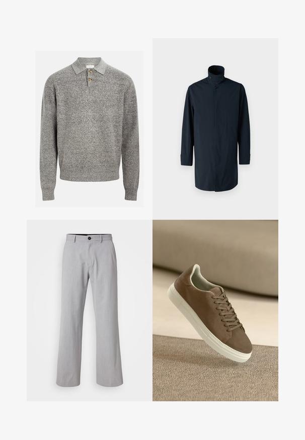 Veste coupe-vent marine avec col haut, fermeture à double bouton, manches longues et poches latérales. Fabriquée en tissu léger et résistant à l'eau.; Pull en maille gris avec col polo, comportant trois boutons. Texture côtelée et manches longues. Design simple et classique.; Pantalons larges gris clair en tissu texturé. Présente une taille avec passants de ceinture, une fermeture à bouton à l'avant et deux poches latérales.; Baskets en suede marron avec une texture lisse, un design à lacets et une semelle en caoutchouc blanc. Présente un bout arrondi et une forme épurée.
