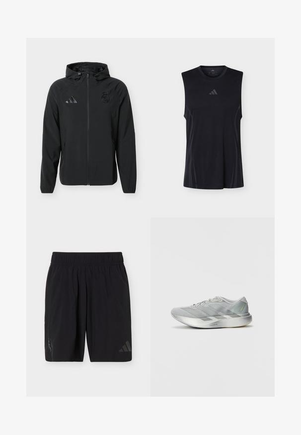 Sort fuld lynlåstrøje med hætte, med Adidas-logo på højre bryst og Real Madrid-emblem på venstre bryst.; Sort ærmeløs træningsshirt med subtile mesh-sidepaneler og en lille Adidas-logo centreret under den runde halsudskæring.; Sorte atletikshorts med elastisk taljebånd, med diskret Adidas-logo på højre ben og teamemblem på venstre ben.; Letvægts grå atletiksko med et slankt design, der har en tekstureret overflade, tre diagonale striber og en reflekterende sølvsål.