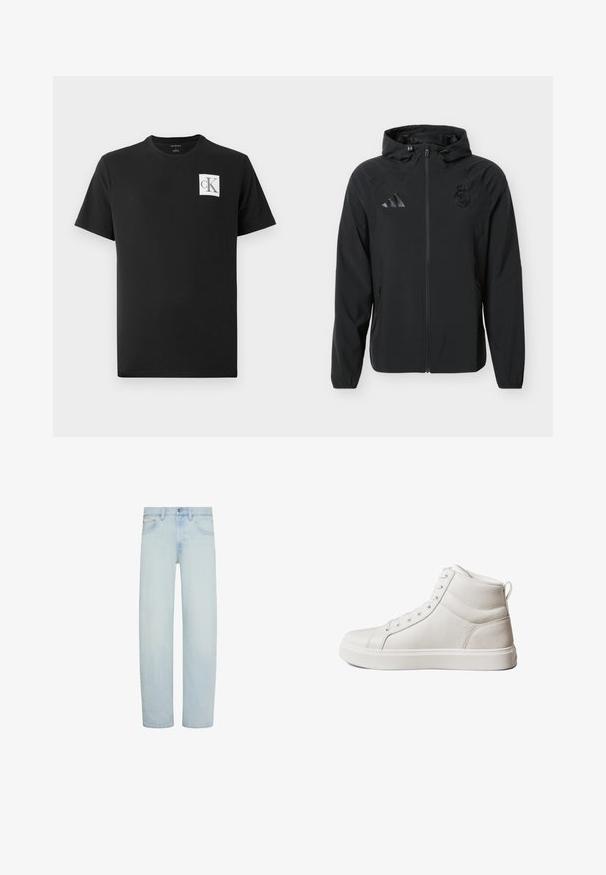 Chaqueta negra con capucha y cremallera completa, con el logo de Adidas en el pecho derecho y el escudo del Real Madrid en el pecho izquierdo.; Camiseta de algodón negra con mangas cortas y cuello redondo. Presenta un logo cuadrado blanco con "CK" en negro en el lado izquierdo del pecho.; Vaqueros de mezclilla azul claro con corte recto, cierre frontal con botón y cremallera, trabillas para cinturón y bolsillos delanteros.; Zapatilla blanca de caña alta con cuero texturizado, cordones en la parte frontal, cuello acolchado, lengüeta en el talón y suela plana de caucho.