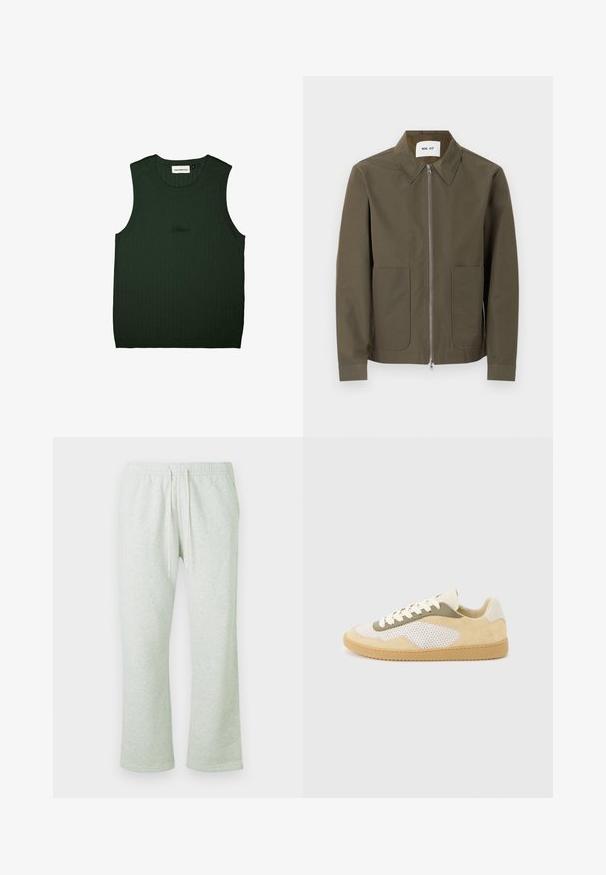 Veste vert olive avec fermeture éclair à l'avant, col pointu, manches longues et deux poches plaquées à l'avant, étiquette NN.07 à l'intérieur du col.; Débardeur vert à côtes avec un col rond et sans manches. Présente un logo subtil en noir près du centre. Texture douce.; Pantalons de survêtement gris clair avec une taille élastique, un cordon de serrage et des jambes droites. Tissu doux avec une texture subtile et sans motifs.; Baskets basses en daim beige, panneaux en maille blanche, accents olive, lacets blancs et semelle en caoutchouc naturel sur fond gris clair.