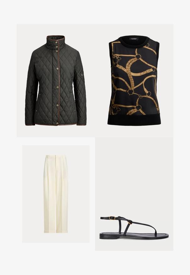 Chaqueta negra acolchada con ribete marrón, cuello alto, botones a presión en la parte delantera y bolsillos en los lados y en la manga izquierda.; Top negro sin mangas con patrón de cadena y correa dorados inspirados en la equitación, escote y dobladillo acanalados.; Pantalones a medida de color crema con pliegues delanteros, trabillas para cinturón y dobladillos con puños, mostrados sobre un fondo liso.; Sandalia plana negra con un diseño minimalista. Presenta tiras delgadas, un separador de dedos, acentos de hardware dorado y una suela suave y texturizada.