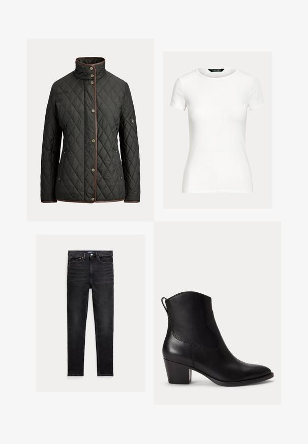 Sort quiltet jakke med brune kanter, høj krave, trykknapper foran og lommer på siderne og på venstre ærme.; Simpel hvid tætsiddende T-shirt med korte ærmer og rund halsudskæring samt Lauren Ralph Lauren-mærkat inde i kraven.; Slim-fit sorte jeans med fem lommer, knaplukning og Polo mærke på linningen, lagt fladt på en hvid baggrund.; Sort læder ankelstøvle med lav blokhæle, rundet tå og trækstrop bagpå mod en ens hvid baggrund.