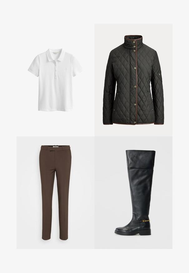 Veste matelassée noire avec bordure marron, col montant, boutons-pression sur le devant et poches sur les côtés et sur la manche gauche.; Polo blanc à manches courtes avec trois boutons et un petit logo brodé sur le côté gauche de la poitrine.; Pantalons marron taillés avec une texture lisse et une coupe droite. Dotés d'un devant plat et de passants de ceinture, adaptés pour une tenue formelle.; Bottes en cuir noir à hauteur de genou avec un design épuré, bout arrondi, semelle à plateforme basse et détails en doré près de la cheville.