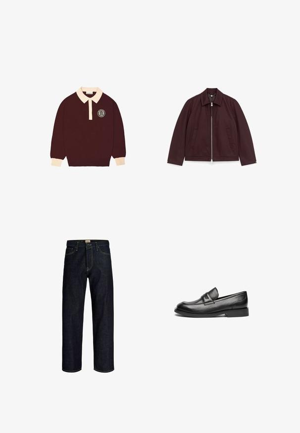 Donkerbruine ritsvest met kraag, lange mouwen en twee voorzakken met paspel, plat neergelegd op een witte achtergrond.; Bordeaux lange mouwen polo shirt met een crèmekleurige kraag en manchet, knoopsluiting en een cirkelvormig "Prohibited Berlin" logo op de linkerkant van de borst.; Donkerblauwe jeans met rechte pijpen, gele stiksels, knoop- en ritssluiting aan de voorkant en een ontwerp met vijf zakken.; Zwarte leren loafers hebben een afgeronde neus, een gestikte naad over de bovenkant en een lage, platte rubbere zool. Gladde textuur zonder zichtbare patronen.