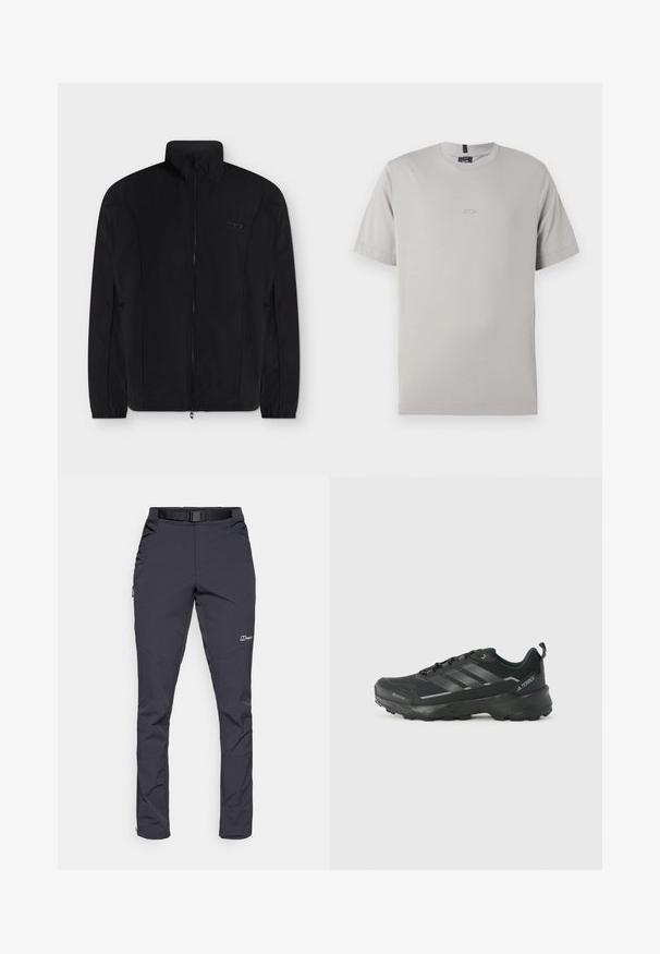 Veste noire à fermeture éclair, manches longues, col montant, poignets élastiques et petit logo ton sur ton sur la poitrine gauche.; T-shirt gris à manches courtes en coton doux, avec un logo discret à l'avant. Design classique à col rond et ourlet droit.; Pantalons résistants à l'eau en gris foncé, fabriqués en tissu durable. Les caractéristiques incluent une ceinture, des poches latérales et des ouvertures zippées aux chevilles.; Chaussure de sport noire avec un dessus en tissu texturé, trois rayures argentées, un orteil renforcé et une semelle en caoutchouc robuste pour une meilleure adhérence.