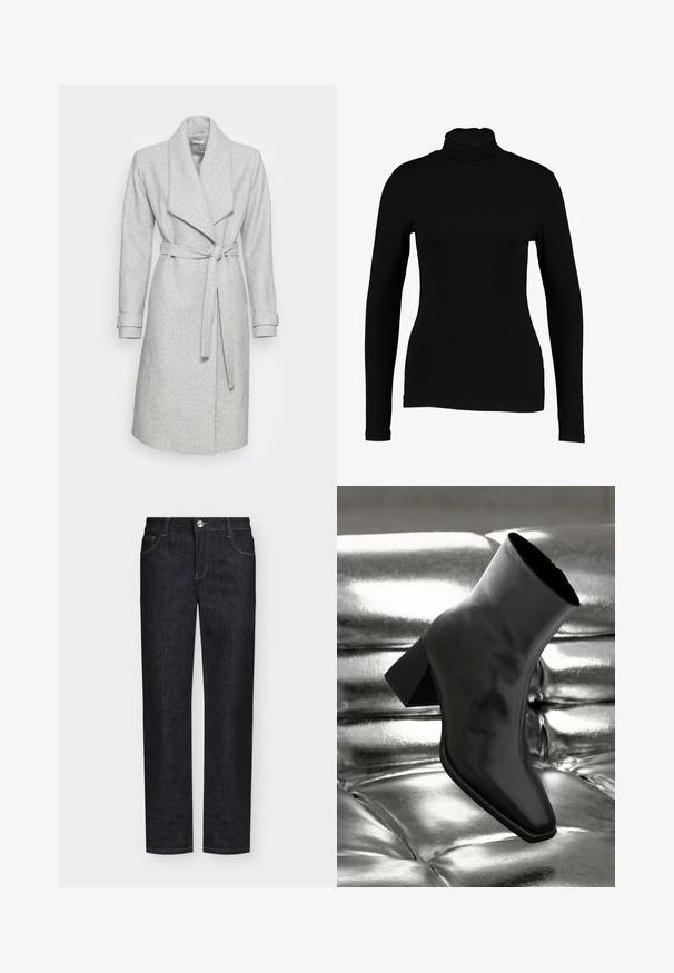 Lange grijze wollen jas met een brede revers en een ceintuur in de taille. Heeft opgerolde manchetten en een rechte silhouette, gemaakt van een zacht gestructureerde stof.; Zwart lange mouw turtleneck top van gladde stof, met een aansluitend ontwerp en hoge hals, geschikt voor layering of als standalone kleding.; Zwarte rechte spijkerbroek met voorzakken, riemlussen en knoopsluiting op een effen achtergrond.; Zwarte enkellaarsjes van glanzend materiaal met een vierkante neus en taps toelopende hak, afgezet tegen een glanzende zilveren gecapitonneerde achtergrond.