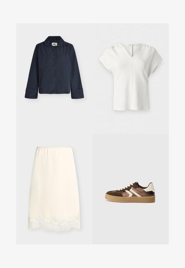 Veste bleu marine à manches longues avec boutons, col et brides aux poignets, présentée sur un fond clair uni.; Blouse blanche à manches courtes avec encolure en V et détail subtil de couture centrale, confectionnée dans un tissu lisse et léger.; Demi-jupon couleur crème avec taille élastique et bordure en dentelle le long de l'ourlet, présenté sur un fond clair uni.; Baskets marron et crème en combinaison de daim et de satin, avec trois bandes diagonales et une semelle en gomme texturée.