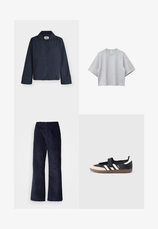 Marineblå langærmet jakke med knapper, krave og manchetter med stropper, vist på en ensfarvet lys baggrund.; Lysegrå, kortærmet, cropped t-shirt med rund hals og afslappet pasform, vist på en hvid baggrund.; Mørkeblå kordfløjel brede bukser med lodrette ribber, elastisk talje og uden synligt hardware. Blød tekstur og afslappet pasform.; Sort og beige sko med velcrolukning, tre hvide striber på siden og en tekstureret brun gummisål. Mærkelogo er synligt.