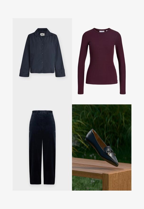 Veste bleu marine à manches longues avec boutons, col et brides aux poignets, présentée sur un fond clair uni.; Haut ajusté à manches longues en maille côtelée violet foncé avec un col rond et sans boutons ni motifs visibles.; Pantalon en velours côtelé bleu marine avec taille haute, jambes droites et deux poches avant. Doté d'une fermeture par bouton et glissière. Tissu texturé.; Mocassin en cuir noir avec un détail en nœud flottant au-dessus d'un banc en bois, avec de l'herbe verte et des plantes en arrière-plan.