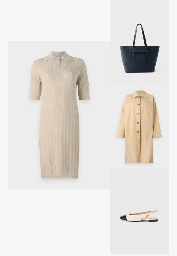Beige bomulds trench coat med lige snit, stor krave, fire brune knapper og sidelommer. Glat tekstur og minimalistisk design.; Strik creme kjole med korte ærmer, polo krave og knaplukning. Har et struktureret mønster, der løber lodret langs stoffet.; Dame sko med lav hæl, slingback, i cremefarve med sort skinnende spids og åben hæl, på en ensartet lysegrå baggrund.; Marineblå Michael Kors tote taske med prægede logomønster, lynlåslomme foran, lange håndtag og vedhæftet lædermærke.