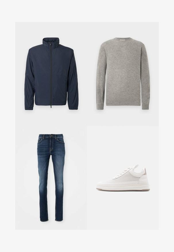 Lichtgewicht marineblau jack met hoge kraag, volledige ritssluiting aan de voorkant, elastische manchetten en een minimalistisch design; gladde textuur en geen patronen.; Grijze gebreide trui met een ronde hals, lange mouwen, geribbelde boorden en zoom. Glad textuur, minimalistisch ontwerp, geen zichtbare patronen.; Donkerblauwe denim jeans met een slim fit, voorzien van vijf zakken, gouden stiksels en een licht vervaagde voorkant voor een casual uitstraling.; Witte lage sneaker met een gestructureerd zijpaneel, gewatteerde kraag, vetersluiting aan de voorkant en "Filling Pieces"-branding aan de zoolrand.