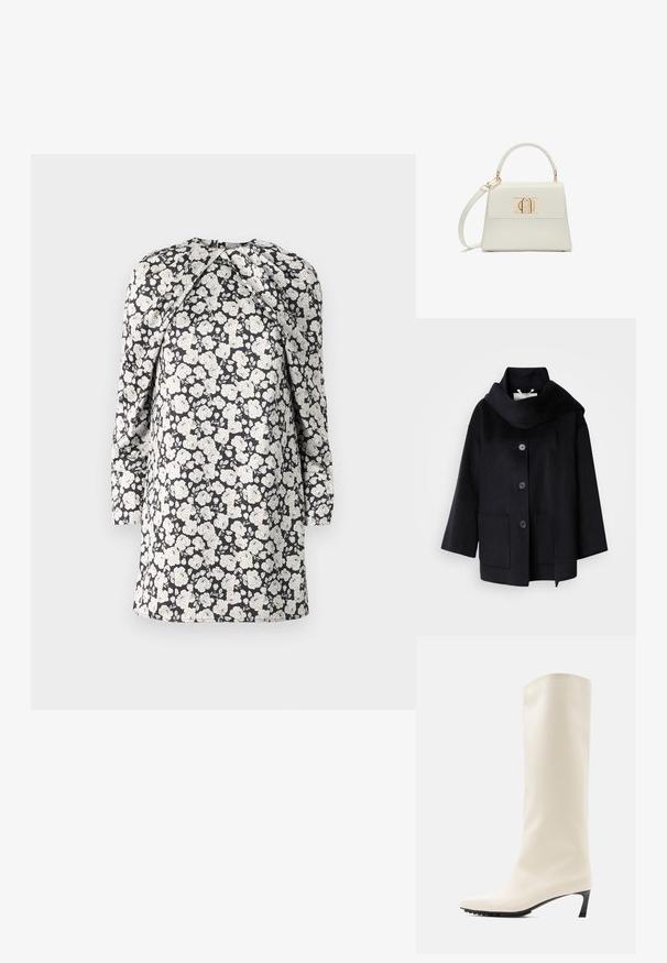 Manteau en laine noire avec un large col châle, quatre boutons et deux poches avant. Présente une coupe décontractée et une silhouette légèrement cintrée.; Robe à imprimé floral avec des fleurs blanches sur fond noir. Manches longues, col montant et détail froncé aux épaules. Conception mi-longue.; Botte blanche hauteur genou en matériau lisse avec un bout pointu et un talon noir fin. Présente un design épuré et un marquage minimal.; Petit sac à main blanc avec poignée supérieure, bandoulière amovible et fermoir rectangulaire doré sur la rabat avant.