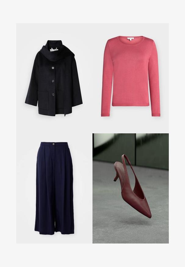 Sort uldfrakke med stor krave, fire knapper og to forlommer. Har en afslappet pasform og en let tilspidset silhuet.; Langærmet trøje med rund hals i ensfarvet pink, lavet af et blødt strikket stof med en glat tekstur. Har ribbede manchetter og kant.; Marineblå vide bukser med høj talje, frontknaplukning og plisserede detaljer på hvid baggrund.; Burgunderfarvet læder slingback kitten heel med spids tå, svævende over en grå tekstureret overflade foran en mørkegrøn væg.