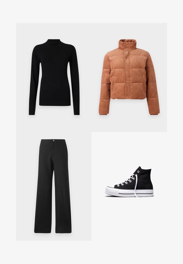 Bruine corduroy pufferjack met hoge kraag, lange mouwen, voorrits en twee zijzakken op een plain achtergrond.; Zwart nauwsluitend coltrui met lange mouwen, geribde manchetten en zoom op een lichtgrijze achtergrond.; Zwarte wijde broek van een zachte stof, met een voorknoopsluiting, strakke lijnen en een minimalistisch ontwerp zonder patronen.; Zwarte hooggesloten canvas sneaker met witte rubberen zool en witte veters, zijwaarts weergegeven op een witte achtergrond.