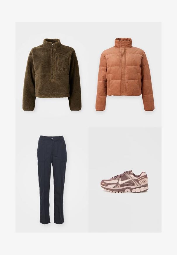 Braune Cord-Pufferjacke mit hohem Kragen, langen Ärmeln, Vorderreißverschluss und zwei Seitentaschen auf einem schlichten Hintergrund.; Braune Fleecejacke mit hohem Kragen, halbem Reißverschluss vorne und einer Brusttasche; verfügt über strukturierten Stoff und ein Logo auf der Vorderseite.; Dunkelblaue Hose mit geradem Schnitt, ausgestattet mit zwei Fronttaschen, einem Knopfverschluss und einer glatten Stofftextur.; Leichte Laufschuhe mit einem Obermaterial aus Mesh in Rosa- und Brauntönen, mit strukturierten Akzenten und einem gepolsterten Sohlen-Design.