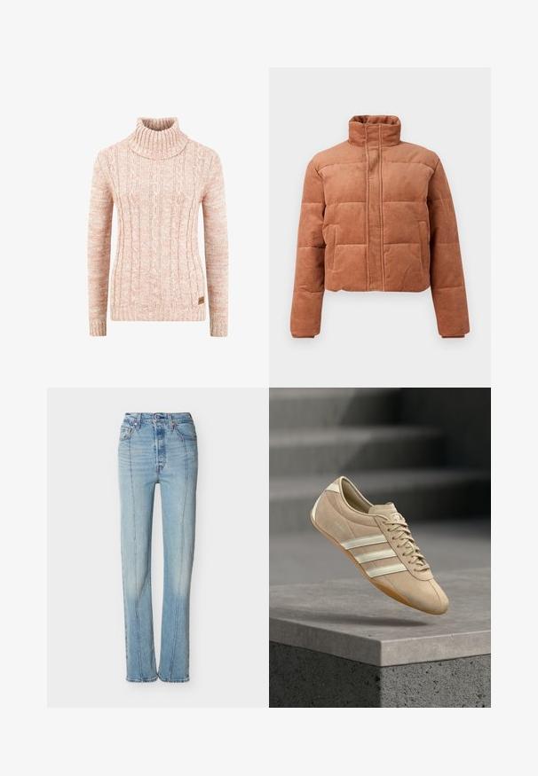 Bruine corduroy pufferjack met hoge kraag, lange mouwen, voorrits en twee zijzakken op een plain achtergrond.; Gebreide coltrui in zacht perzik met een gestructureerd kabelpatroon, lange mouwen en een geweven merklabel aan de zoom.; Lichtblauwe, rechte jeans met hoge taille, voorste naden, knoopsluiting en ontwerp met vijf zakken op een witte achtergrond.; Lichtbeige sneaker met drie witte horizontale strepen, bovenwerk van suède en een rubberen gumzool, met een logo aan de zijkant.