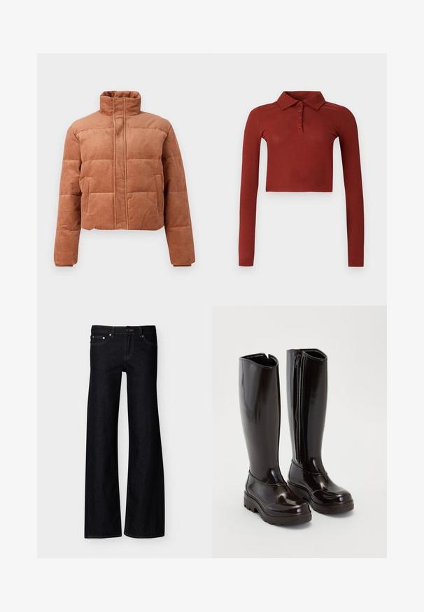 Bruine corduroy pufferjack met hoge kraag, lange mouwen, voorrits en twee zijzakken op een plain achtergrond.; Bijgesneden poloshirt met lange mouwen in roestrood ribstof, voorzien van een kraag en een knoopsluiting met zes knopen aan de voorkant.; Zwarte denim jeans met brede pijpen, voorzakken, knoopsluiting en zichtbare stiksels, gepresenteerd tegen een effen witte achtergrond.; Glanzende zwarte kniehoog laarzen met dikke zolen en een ritssluiting aan de zijkant op een effen witte achtergrond.