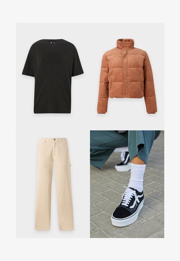Veste matelassée en velours côtelé marron avec col haut, manches longues, fermeture éclair à l'avant et deux poches latérales sur un fond uni.; T-shirt en coton noir avec un col rond, des manches courtes et une coupe décontractée. Présente une texture lisse et un design minimaliste.; Pantalons en velours côtelé beige avec une coupe large, texture à côtes verticales, poches avant et détail de bouton sur le côté.; Baskets en suède noir avec des accents et des lacets blancs, présentant une épaisse semelle blanche et des coutures contrastantes, associées à une chaussette blanche.