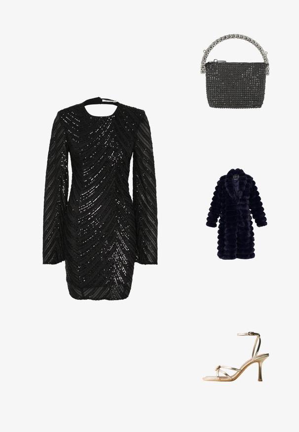 Marineblå faux fur frakke med en bølget tekstur, der har et mellemlangt design, stor krave og brede ærmer for en komfortabel pasform.; Sort palietted kjole med lange ærmer og rund halsudskæring, prydet med et bølget mønster af skinnende sorte paletter på gennemsigtigt stof.; Guldmetallic højhælet sandal med tynde krydsede stropper, ankelspænde og en lille dekorativ rund detalje nær tæerne.; Sort netstof clutch-tas med sølv lynlås og et håndtag prydet med store klare runde krystaller.