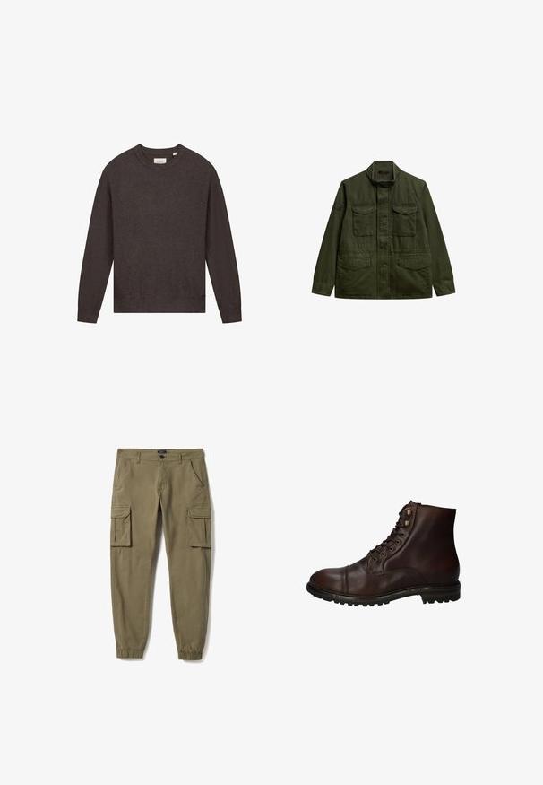 Veste utilitaire vert olive en mélange de coton, avec un col montant, fermeture éclair à l'avant, quatre poches avant et détail de patch sur les épaules.; Échec de la génération de texte alternatif; Pantalon cargo kaki avec poches à rabat sur les deux cuisses, poignets élastiques, poches latérales, passants pour ceinture, et fermeture avant par bouton et zip.; Bottines montantes en cuir brun foncé à lacets, avec une semelle en caoutchouc robuste et des œillets en métal, vues du côté extérieur.